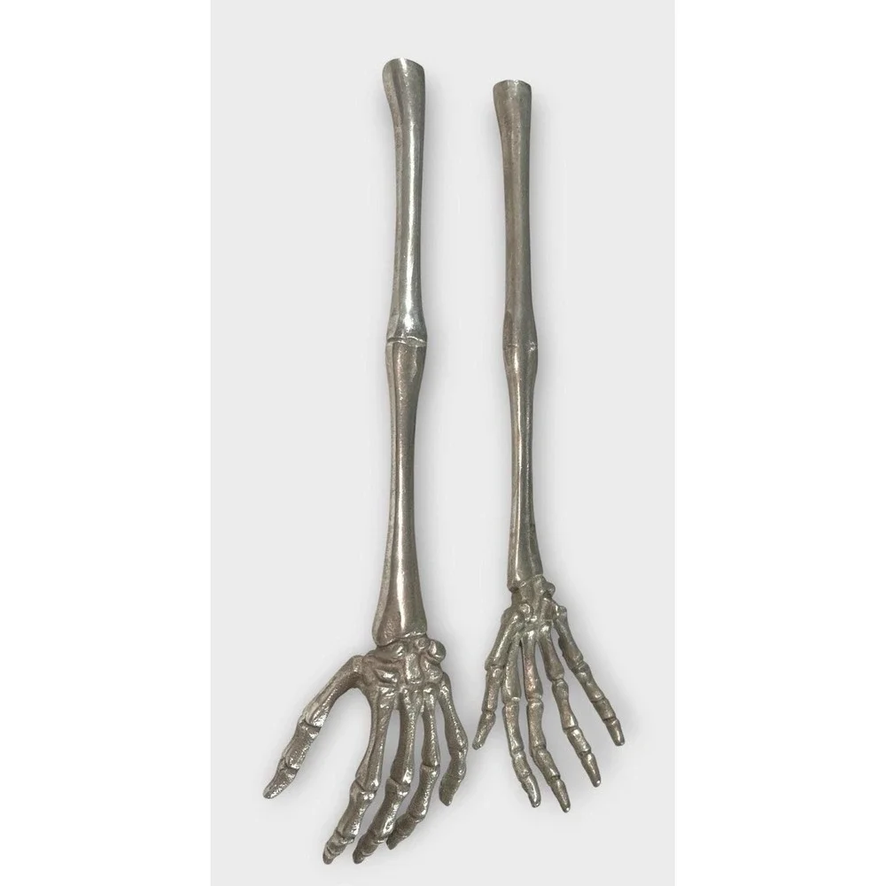 Vtg Skeleton Hand Salad Servers Cast Metal Gothic Halloween Oddity Flatware Pair